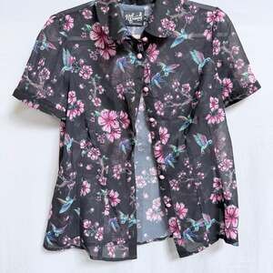 Kocho Blouse – Hell Bunny Women’s Size Medium Sheer Blouse Floral Birds